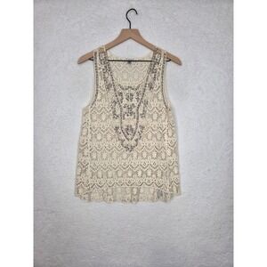 Ecote Womens Ivory Lace Studded Sleeveless Tank Top Boho Crochet Cream XS Indie